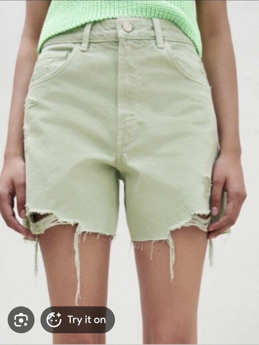 Zara Distressed High-Waist Shorts in Sage